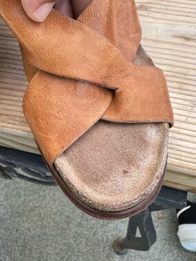 Women's Tan Leather Crisscross Slide Heels need cleaning